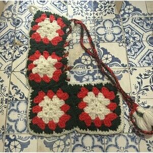 Vintage Handmade Granny Square Crocheted Christmas Stocking Red Green White 15”
